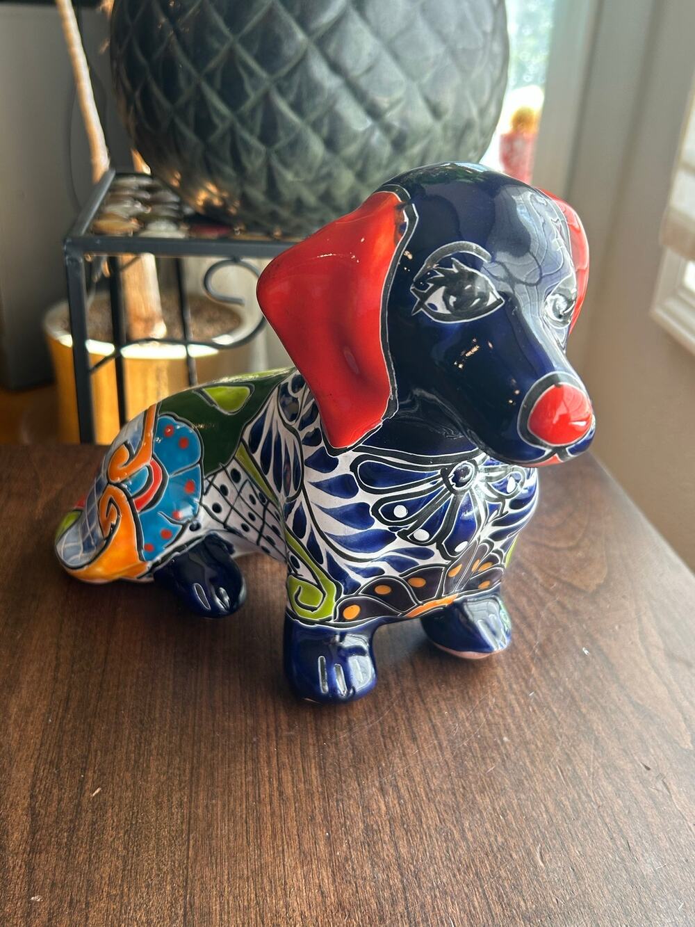 Handcrafted Mexican Talavera ceramic dachshund figurine 12”